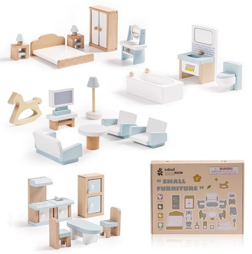 ROBUD Puppenhaus Möbel Holz Set, 23 Teilige, Puppen Zubehör Spielzeug für Mädchen und Jungen