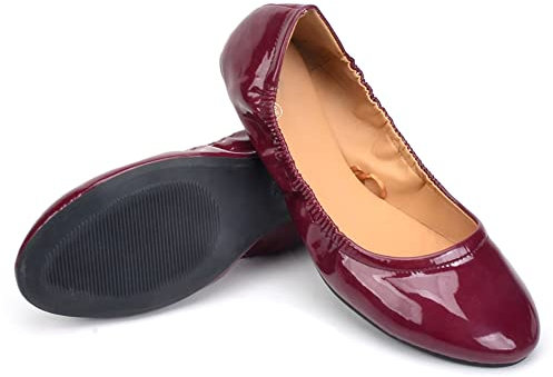 Dernolsea Womens Ballet Flats, Patent Leather Foldable Round Toe Slip On Pumps Elastic Flat Dolly Ballerina Shoes Burgundy Size 4