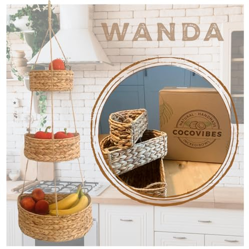 cocovibes WANDA Obstkorb hängend mit 3 Körben aus Seegras/Obst Aufbewahrung/Deko Küche quadratisch 32+28+22 cm/Küche Hänge Etagere/Obstschale/Obst Etagere/Fruit Basket