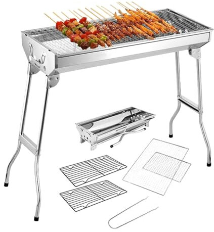 Edelstahl Holzkohlegrill - Faltbarer Holzkohlegrill | Großer Park Holzkohlegrill | Robuster Outdoor BBQ Park Grill, Tragbarer BBQ Grill für Garten Camping, 73 x 33,5 x 70 cm