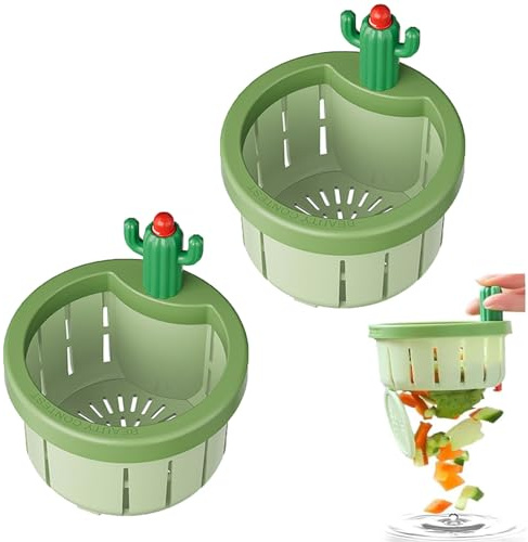 Cactus Kitchen Sink Drain Strainer, Press Automatic Dumping Baske, Kitchen Sink Drain Strainer Basket, Home Use Kitchen Waste Collector Sink Filter Net Lifting Basket (2pcs Small-Green)