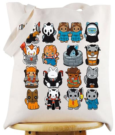 WZMPA Cat Chucky & Pennywise Tote Bag Freddy & Jigsaw Killer & Michael Myers Cat Reusable Grocery Bag Horror Movie Cat Merchandise (Cat Character TG)