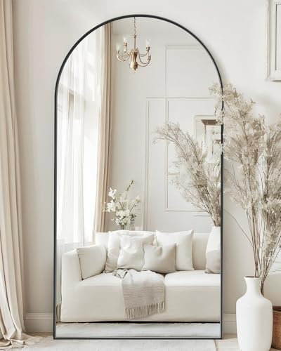 Antok Miroir Pleine Longueur, sur Pied, 192 x 85 cm, avec Cadre en Alliage d'aluminium et Verre incassable, Miroir de Sol bombé pour Salon, Dressing, Noir