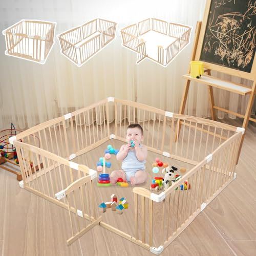 Laufstall aus Holz für Babys und Kleinkinder, 160x180x61cm Großer Baby-Laufstall mit Tür verstellbarer Baby-Spielplatz Tragbarer Baby-Zaun Spielbereich für zu Hause Drinnen und Draußen