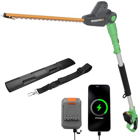 WORKPROX 20V Cordless Pole Hedge Trimmer, 9.2-Feet Reach, 11 Rotating Head Angles, Telescoping Aluminum Pole, Includes 2.0Ah Battery & Charging Cable for Shrubs Trimming