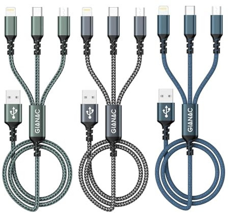 Multi Charger Cable [3Pack 2M] 3 in 1 Nylon Braided USB Cable with Micro USB Type C Lightning Connector for iPhone, Android, Samsung, Huawei, Nexus, Nokia, LG, Sony