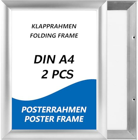 Oungy 2 Stück Klapprahmen A4, Klapprahmen a4 25 mm Profil, A4 Rahmen mit Gehrungsecke, Aufklappbar Posterrahmen Silber, für Poster 21x29,7 cm, DIN a4 Klapprahmens für Bilder, Poster, Plakate