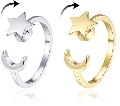 2er Set Fidget Ring - Drehbarer Stern und Mond Ring in Gold + Weißgold - Anti-Stress für Erwachsene - Spinner für Stressabbau und Konzentration