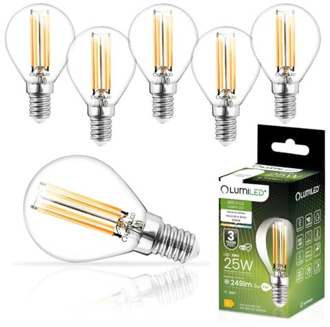 Lumiled P45 E14 LED Lampe 2W (ersetzt 25W), 249Lumen, Vintage Filament Klar Glas LED Lampe Tropfenform Tropfen Kugel 4000K Neutralweiß Birne Lampen 360° Strahlwinkel Glühbirnen Kugelbirnen 6er-Pack