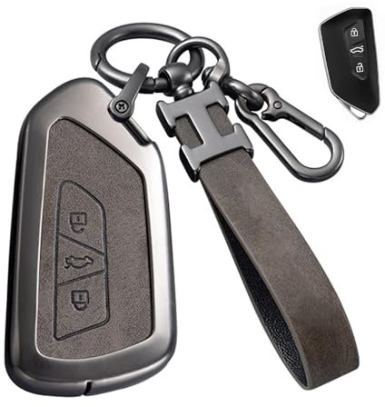 Autoschlüssel Hülle kompatibel mit VW Volkswagen Golf 8, ID3, ID4, GTI, GTE, Seat Leon MK4, Tarraco, Ateca & Skoda Octavia 3 Tasten Legierung Hülle mit Schlüsselanhänger (Graues)