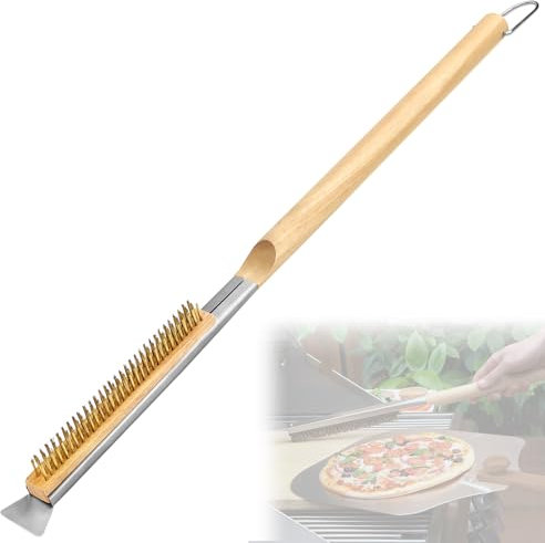 Brosse Four a Pizza, Brosse de Nettoyage pour Pierre à Pizza 66cm avec Grattoir en Acier Inoxydable et Poils en Laiton, Accessoire Pizza, Convient pour Le Nettoyage des Fours