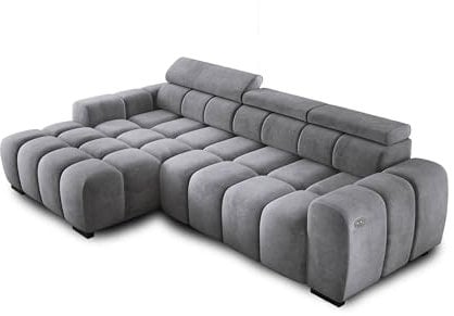 Ecksofa OMBO 285x168x77/97 cm, Linke Seite Mit Schlaffunktion, Elektrisch Ausziehbarer Sitzfläche, Verstellbaren Kopfstützen, Dunklen Buchenholzfüßen, Hydrophobem SALVADOR-Bezugstoff - Graphit