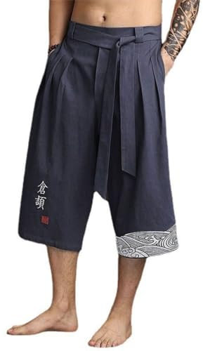 Chanpning Pantalon Japonais Homme Pantalon Court Taro pour Hommes en Lin Vêtements Traditionnels Japonais avec Cordon de Serrage Pantacourt
