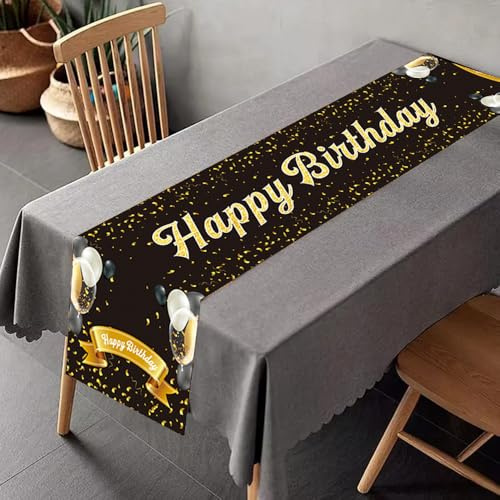 Komoke Tischläufer Geburtstag Schwarz Gold – Geburtstagsdeko für Mann, Kinder, Mädchen und Jungen, Happy Birthday Party Dekoration, 180x35cm