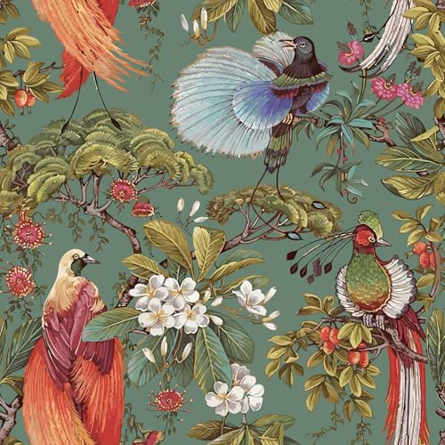 VEELIKE Vintage Green Bird Wallpaper Oriental Peacock Floral Wallpaper Self Adhesive Contact Paper Tropical Wall Mural Wall Paper for Bedroom Bathroom Patterned Sticky Back Plastic 44.5 cm x 300 cm