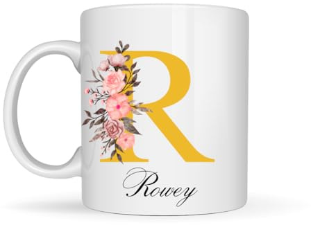 Personalised Mug with Initial & Name – Printed on Both Sides, Custom Coffee Mug 11oz Ceramic Cup, Monogram Letter Gift for Women, Mom, Dad, Friends, Birthday, Christmas, Valentine’s Day (Gold)