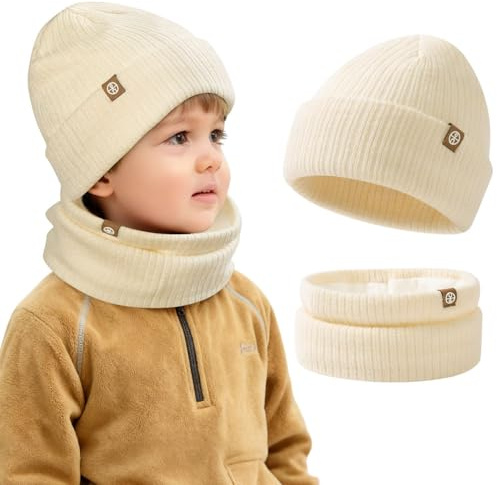 AOOSA Mütze und Schal Set Kinder, Beanie Kinder und Loop Schal Set | Wintermütze Beanie & Schlauchschal, Strickmütze Warme Knit Skull Cap Unisex Jungen Mädchen 2-8 Jahre für Ski Fahrrad Outdoor