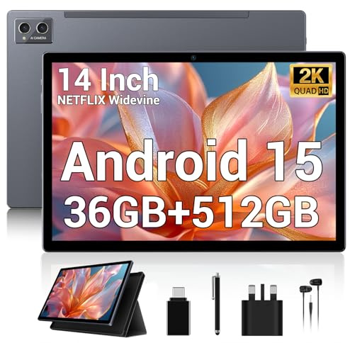 GAMORZE 14 Inch Tablet Android 15 Gaming Tablet 36GB+512GB/TF 2TB, Octa-Core, 11580mAh, 4-speaker, 13MP Camera, Large Screen with Dual SIM 4G LTE/5G WiFi/GPS/13MP/Case/Stylus/Earphone-Gray