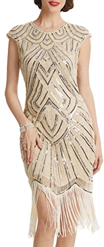 BABEYOND Damen Kleid voller Pailletten 20er Stil Runder Ausschnitt Inspiriert von Great Gatsby Kostüm Kleid (M (Fits 72-82 cm Waist & 90-100 cm Hips), Beige Strass)