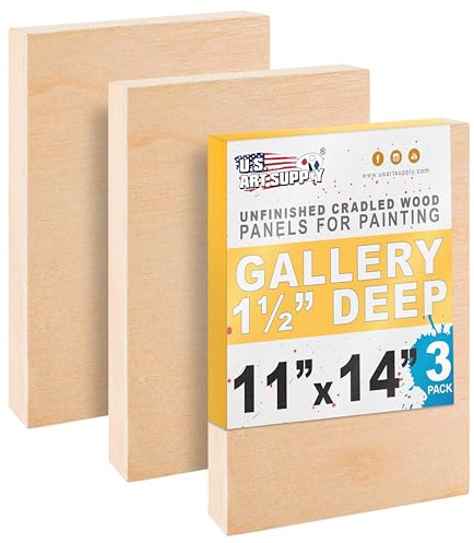 U.S. Art Supply 11 x 14 Unfinished Cradled Wood Panels for Painting, Gallery 1-1/2 Deep (3 Pack) - Artist Depth Wooden Wall Canvases - Mixed-Media Craft, Acrylic, Oil, Encaustic, Paint Pouring