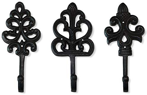 Wallcharmers Set di 3 ganci da parete decorativi rustici da 20,3 cm, in stile vittoriano, shabby chic, con giglio di Lis, ganci per asciugamani da appendere | Gotico in ghisa per interni ed esterni,