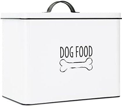 OUTSHINE White Farmhouse Dog Food Bin - Can Be Personalized | Dog Food Storage Container with Lid | Powder Coated Carbon Steel | Cute Pet Food and Treat Canister | Gift for Dogs and Owners