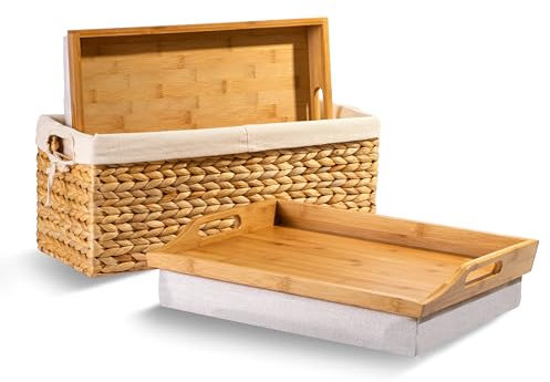 ROSSIE Home Bamboo Wood Bed Tray, Lap Desk - Set of Two - with Hyacinth Storage Basket - Natural - Fits up to 15.6 Inch Laptops - Style No. 70107