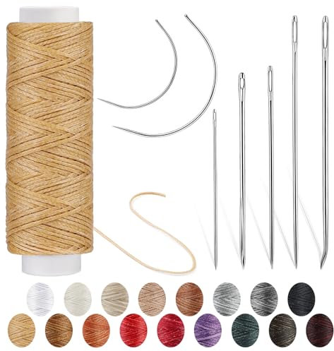 Hilo encerado de 32 yardas con agujas de coser a mano de cuero, hilo encerado plano 150D y agujas de reparación de cuero para tapicería del hogar, alfombras, reparación y costura de lona de cuero