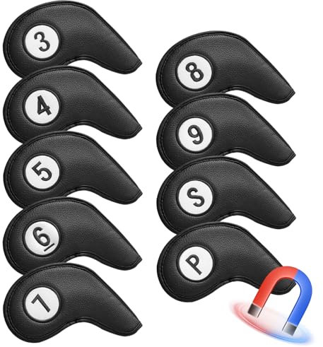 9 Stück Schlägerhauben Golf Set, Golf Schlägerkopfhüllen für Eisen Magnetic Golf Headcover Head Club Covers Doppelte Nummer Gedruckt Kunstleder Schlä für Aller Marken Golfschläger (Schwarz)