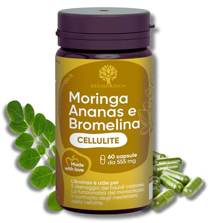 Bromelain Hochdosiert 5000 GDU - Entwässerungstabletten mit Moringa Bio und Ananas | Anti Cellulite Kapseln für Geschwollene Beine | Entwässerung Kapseln von RedMoringa | 60 Kapseln