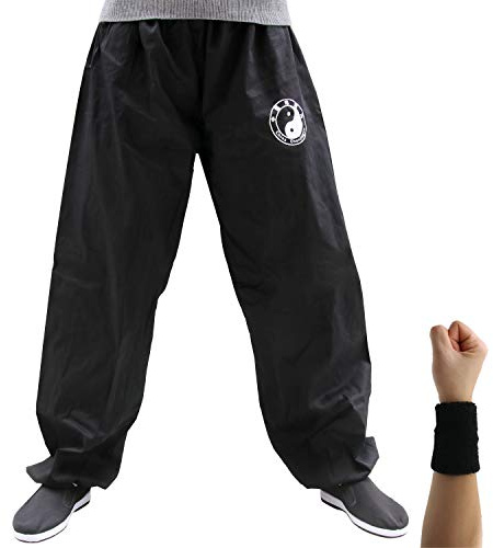 Tinymori Taichi Lantern Pants Tai Chi Training Pants | Kung Fu Taichi Practice Uniforms Martial Arts | Tai chi Clothing Bottoms Qigong Wing Chun Shaolin Wide Legs Cotton (L) Black