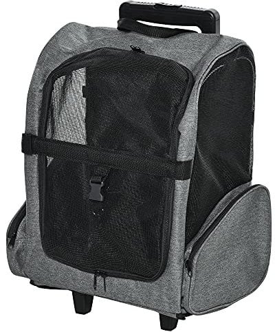 PawHut Pet Travel Backpack Bag Cat Puppy Dog Carrier w/ Trolley and Telescopic Handle Portable Stroller Wheel Luggage Bag (Grey)