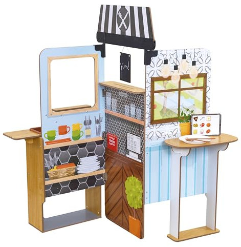 KidKraft Pop-Up Restaurant Kinderküche aus Holz mit Zubehör, Lebensmitteln, Topf, Pfannenwender und Kreidetafel, faltbares Spielküchenset, Spielzeug für Kinder ab 3 Jahre, 20121
