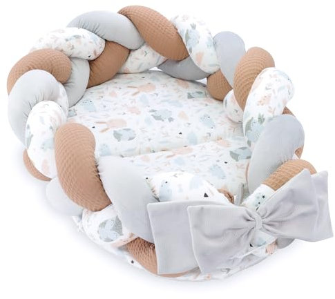 Babynest Neugeborene Nestchen Baby 75 x 45 cm – Velvet Kuschelnest mit Zopf Kissen zerlegbares Set zweiseitig Babynestchen Babybett Eulen