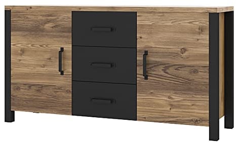 Lomadox Wohnzimmer Sideboard in Appenzeller Fichte Nb. mit schwarz super matt, B/H/T ca. 147/79/43 cm
