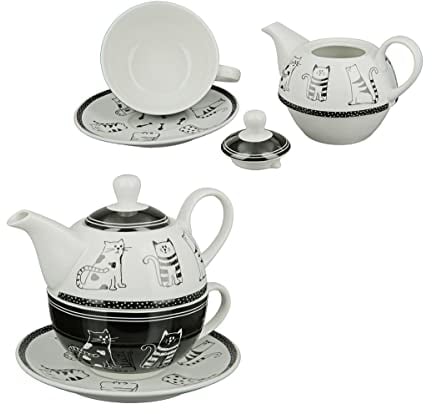 Tea for one, Teekanne und Tasse ; Funny Cat Porzellan, schwarz/weiss