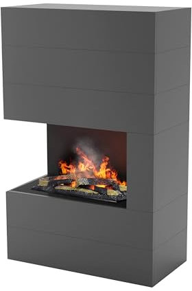 GLOW FIRE Wasserdampf Kamin TUCHOLSKY Links (Standkamin) - Elektrokamin mit realistischen LED 3D-Flammen, Knistereffekt & Fernbedienung, 90x140 cm - Opti-Myst 600 Elektro Kamin mit Holz-Deko, Grau