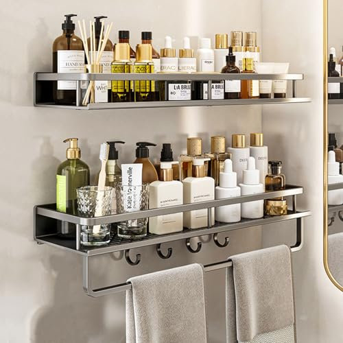 Shower Caddy 2 Pack 40CM Bathroom shower shelf No Drilling Shower Storage Rack with 4 Hooks Large Capacity Wall Shelf Removable Towel Holder for Bathroom, Living Room, Bedroom, Kitchen(Grey)