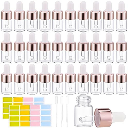 FRIUSATE 30pcs 2ml Dropper Bottle, Mini Empty Glass Dropper Bottles with 3 Dropper Pipettes, 2 Sheet Label Stickers Refillable Sample Dropper Bottle for Perfume Essential Oil Aromatherapy Eye Drops