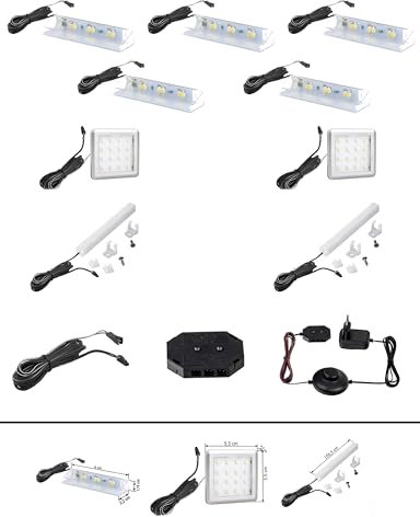 Homeface TRENDINA/FLORINA LED VA Unterbauleuchten Glasbodenbeleuchtung Hintergrundbeleuchtung 9erSet LED SPOT/CLIPS/PROFIL inkl.LED Netzteil12V (9er Set-Kaltweiss 6300k)