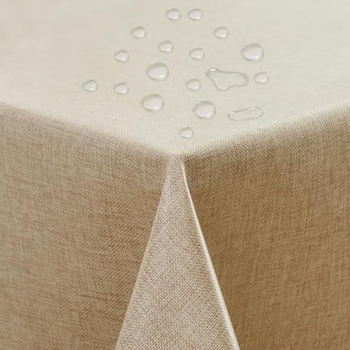 ATsense Tischdecke Abwaschbar Beige, Abwischbare Tischdecken Wasserabweisend Lotuseffekt, Fleckabweisend Table Cloth Leinenoptik, Tischtuch 140x180 cm Rechteckig