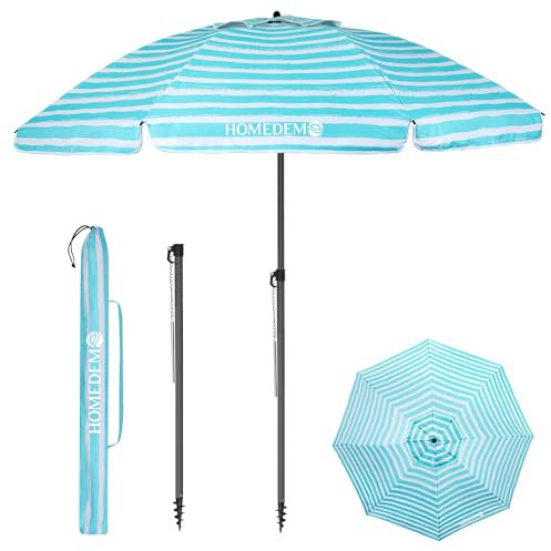 HOMEDEMO Parasol Plage Inclinable avec Revêtement Argenté, Protection Solaire UV50+, avec Pied d'Ancrage à Visser & Housse de Protection, pour Piscine, 200cm, Rayures Turquoise et Blanches