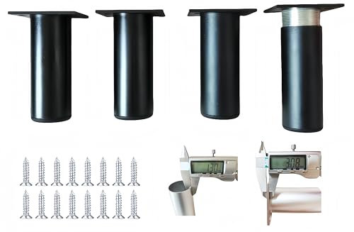 PUTOAHAO 4 Pied de Meuble Réglable 0-15mm,Pied Reglable pour Meuble en Alliage d'Aluminium(Dia 38mm),Anti-Rouille, Base ABS Protectrice de Sol pour Cuisine,Salle de Bain,TV et Table DIY (Noir, 10cm)