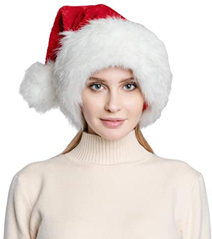 Deluxe große Weihnachtsmütze in Rot für Männer und Frauen, warme Ski-Urlaubs-Cosplay-Mütze, ideal für Weihnachtsfeier, dick und flauschig (58–60 cm)