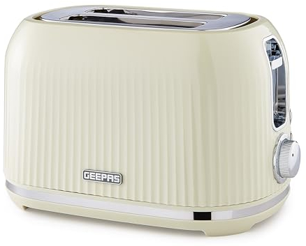 GEEPAS 2 Slice Toaster | 6 Browning Levels Cancel Defrost Reheat | For Thin Small Bread Slice Removable Crumb Tray Cool Touch Housing High Lift | Space-Saving Design | 2 Yr Warranty 1000W Cream Fluted