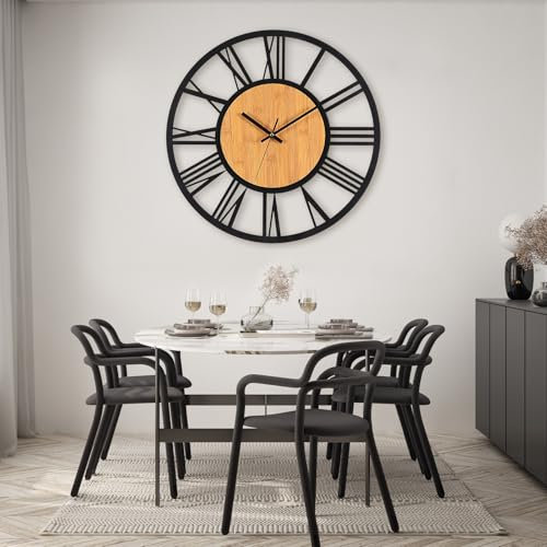 VIVILINEN Wanduhr 50cm in Holzimitation Vintage Mit Römischen Ziffern - Retro Ohne Tickgeräusche, Nicht Tickend, Batteriebetriebene Lautlose Hängeuhr für Wohnzimmer, Schlafzimmer, Büro