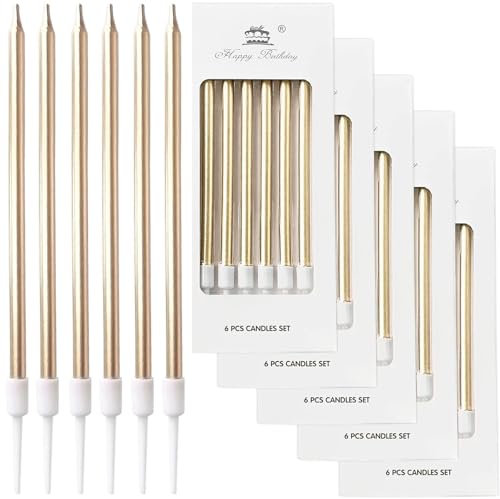 ODOOKON Pack of 36 Black and Gold Birthday Candles with Holders, Unscented, 14 cm, 7 min Burn Time, Set of 36 (Champagne)
