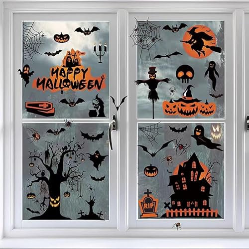 KUAKE Halloween Fensterbilder, 8 Sheets 98 PCS Halloween FensterAufkleber,Fledermäuse Kürbis Spukhaus Motive, Fenster Sticker für Halloween Dekorationen Party Karneval