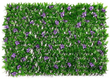 Pannelli espandibili for traliccio da giardino 200x40 cm, traliccio espandibile con foglie artificiali, schermatura espandibile for recinzione da giardino con edera artificiale e fiori viola, decorazi