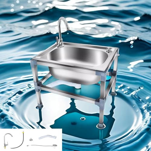Floor Mop Sink 48/53/60cm Commercial Stainless Steel Freestanding Utility Sink With Cold Faucet And Stand, Portable Camping Sink, Button Drainage, Garden Sink, Laundry Room Slop Sink(48x35x40cm)